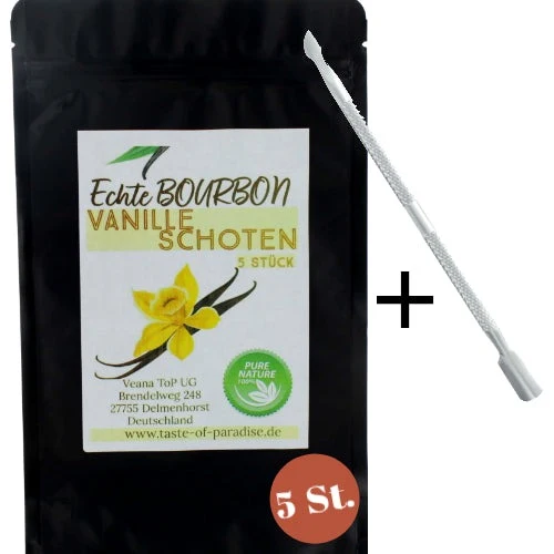 Bourbon Vanilleschoten (5 Stk. - 18-20cm) 100% Madagaskar + gratis Vanillemesser