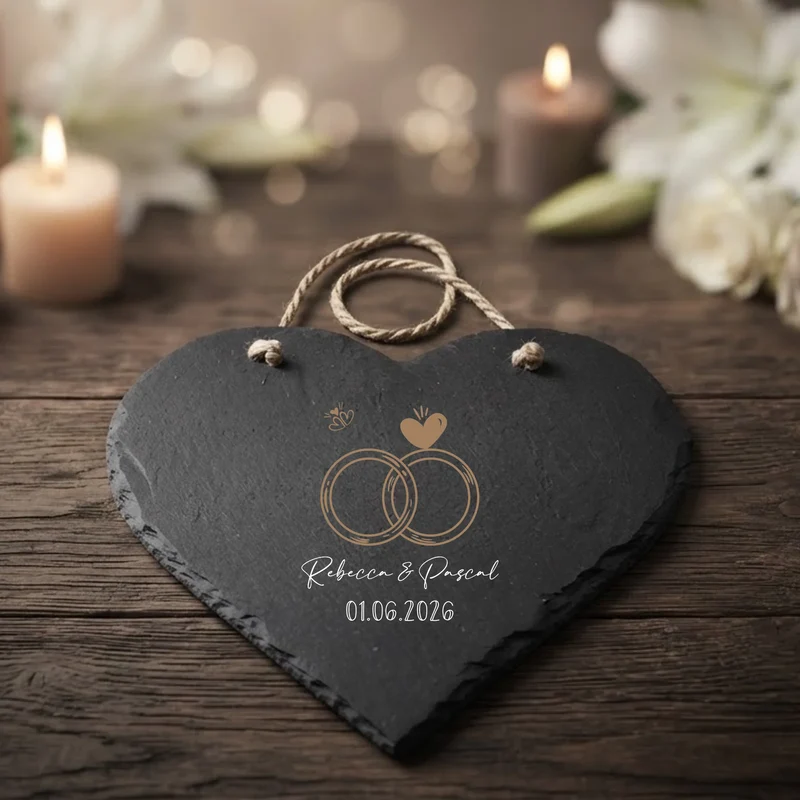 Bedrucktes Schieferherz mit Aufhängung zur Hochzeit mit Wunschtext