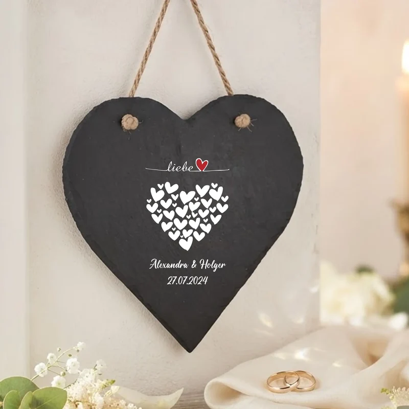 Personalisiertes Schieferherz mit Wunschtext zur Hochzeit bedruckt