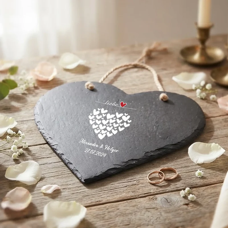 Personalisiertes Schieferherz mit Wunschtext zur Hochzeit bedruckt