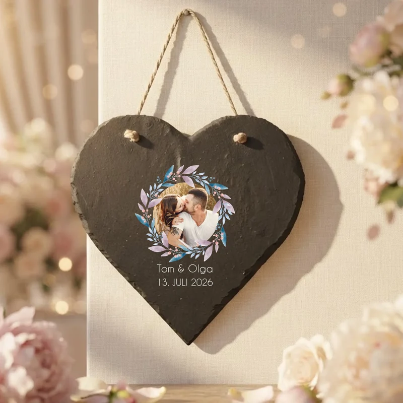 Schieferherz zum Aufhängen mit Foto und Wunschtext bedruckt zur Hochzeit
