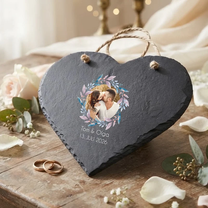 Schieferherz zum Aufhängen mit Foto und Wunschtext bedruckt zur Hochzeit
