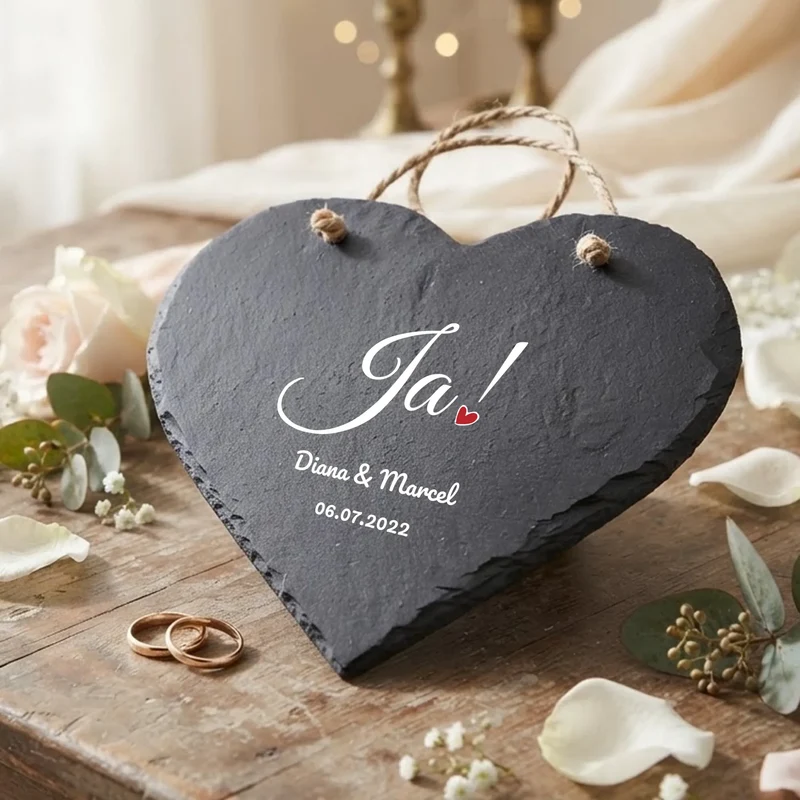Bedrucktes Schieferherz als Hochzeitsgeschenk mit Wunschtext personalisiert