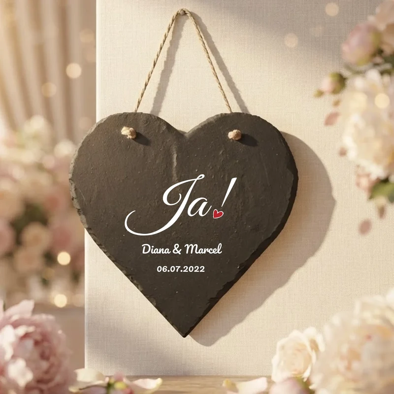 Bedrucktes Schieferherz als Hochzeitsgeschenk mit Wunschtext personalisiert