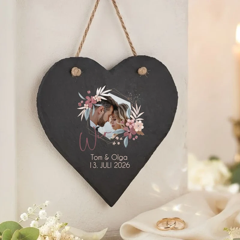 Schieferherz als Geschenk zur Hochzeit mit Wunschtext bedruckt