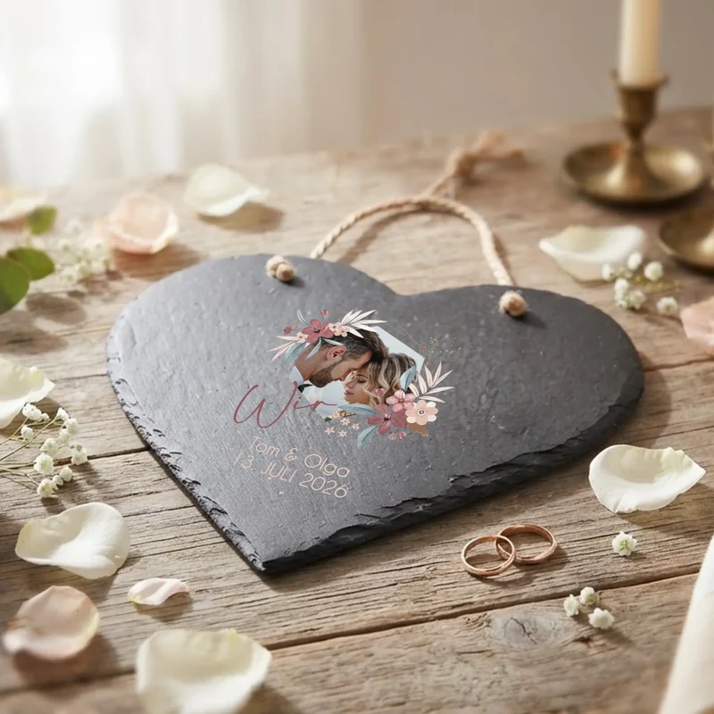 Schieferherz als Geschenk zur Hochzeit mit Wunschtext bedruckt