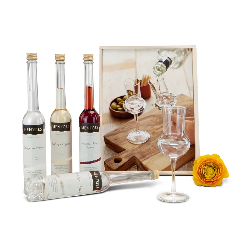 4er Barset – Grappa & 3 Liköre (Zwetschge, Riesling, Amarena) als Geschenk
