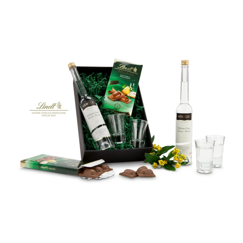 Williams-Christ – Geschenkset mit Birnenbrand, Gläsern & Schoko