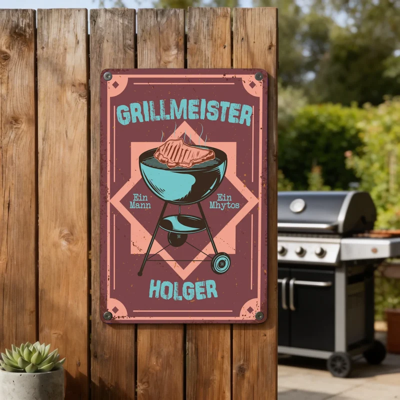 Bedrucktes, personalisiertes Blechschild als Geschenk für Grillfans