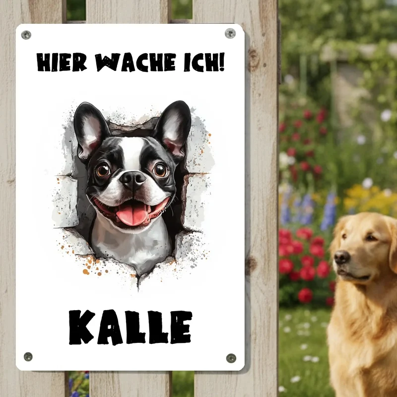 Blechschild für Hunde - Besitzer Hier wache ich - individuell bedruckt mit Namen
