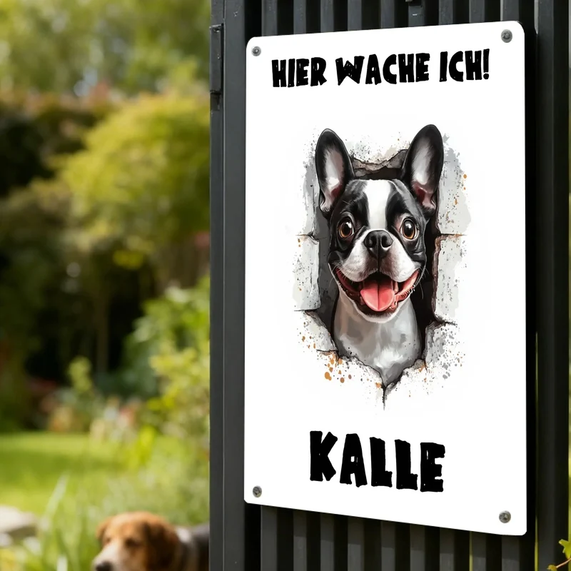 Blechschild für Hunde - Besitzer Hier wache ich - individuell bedruckt mit Namen