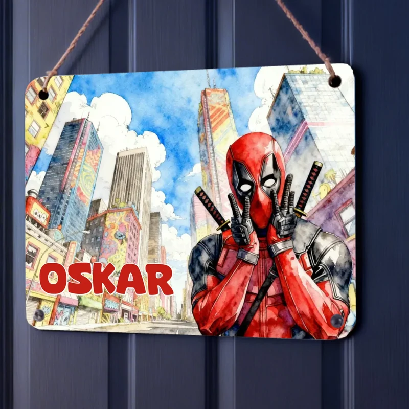 Türschild Deadpool Kinderzimmer personalisiert mit Name | Blechschild Marvel Superheld | Geschenk Kinder