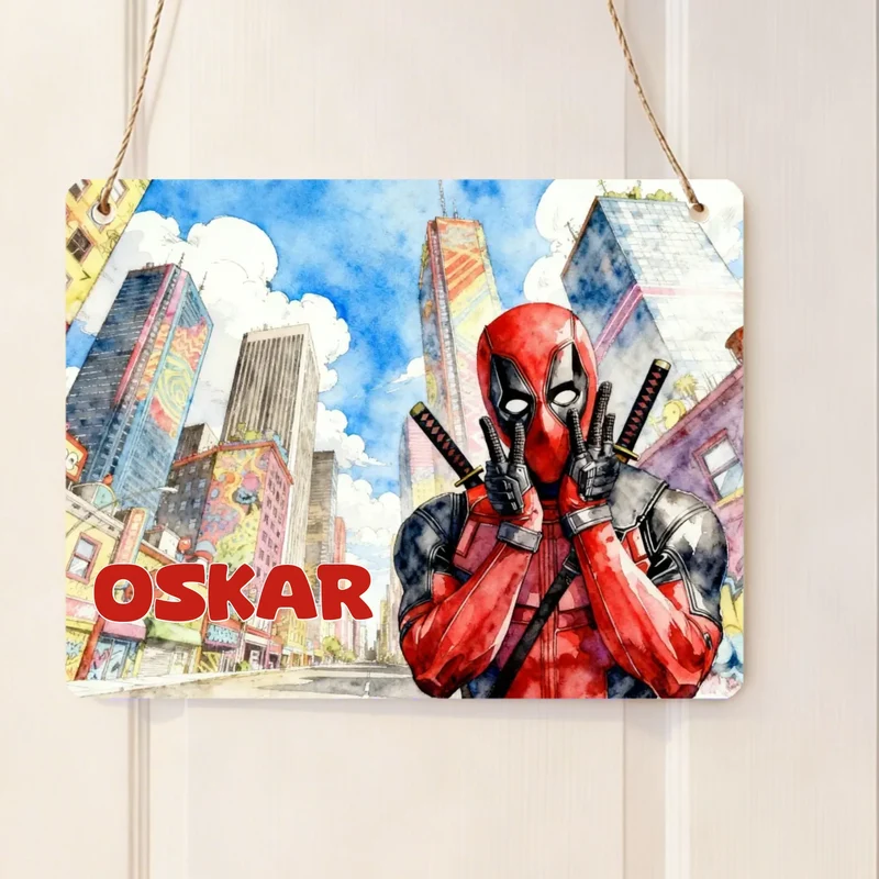 Türschild Deadpool Kinderzimmer personalisiert mit Name | Blechschild Marvel Superheld | Geschenk Kinder