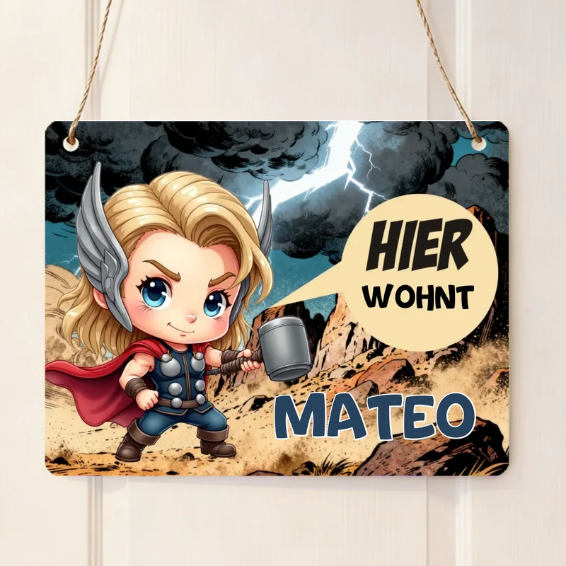 Türschild Thor Kinderzimmer personalisiert mit Name | Blechschild Marvel Superheld | Geschenk Kinder