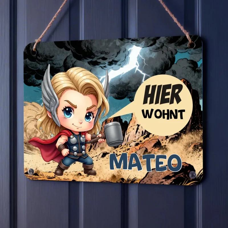 Türschild Thor Kinderzimmer personalisiert mit Name | Blechschild Marvel Superheld | Geschenk Kinder