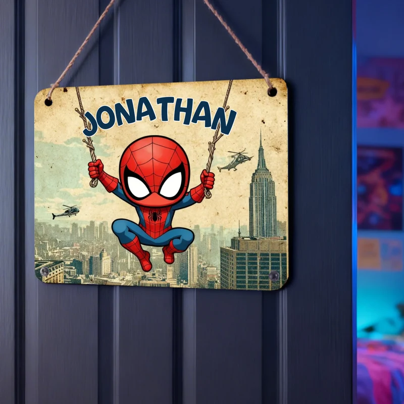 Türschild Spiderman Kinderzimmer personalisiert mit Name | Blechschild Marvel Superheld | Geschenk Kinder