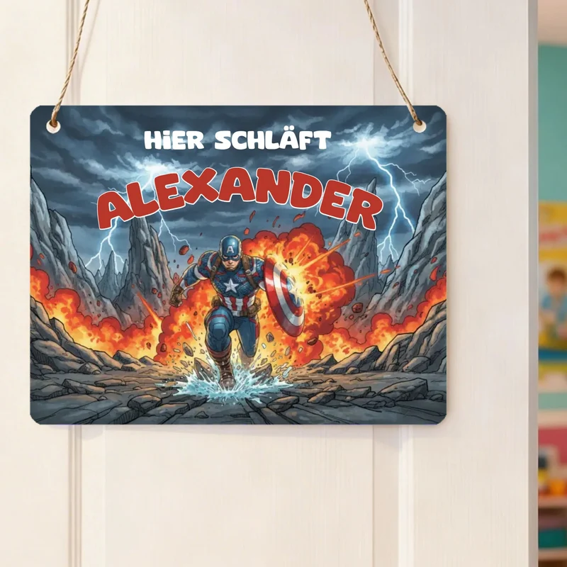 Türschild Captain America Kinderzimmer personalisiert mit Name | Blechschild Marvel Superheld | Geschenk Kinder