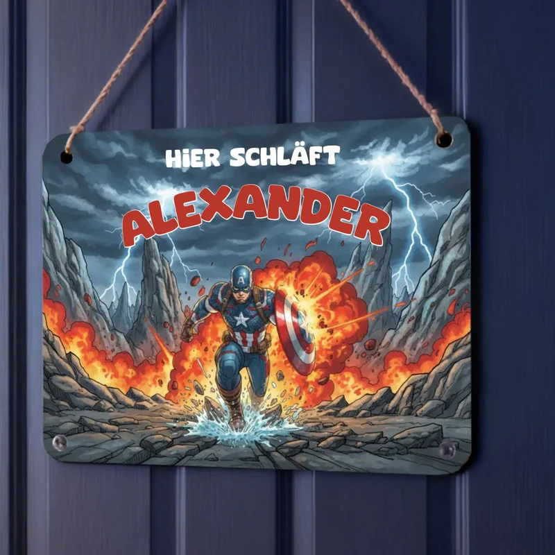 Türschild Captain America Kinderzimmer personalisiert mit Name | Blechschild Marvel Superheld | Geschenk Kinder