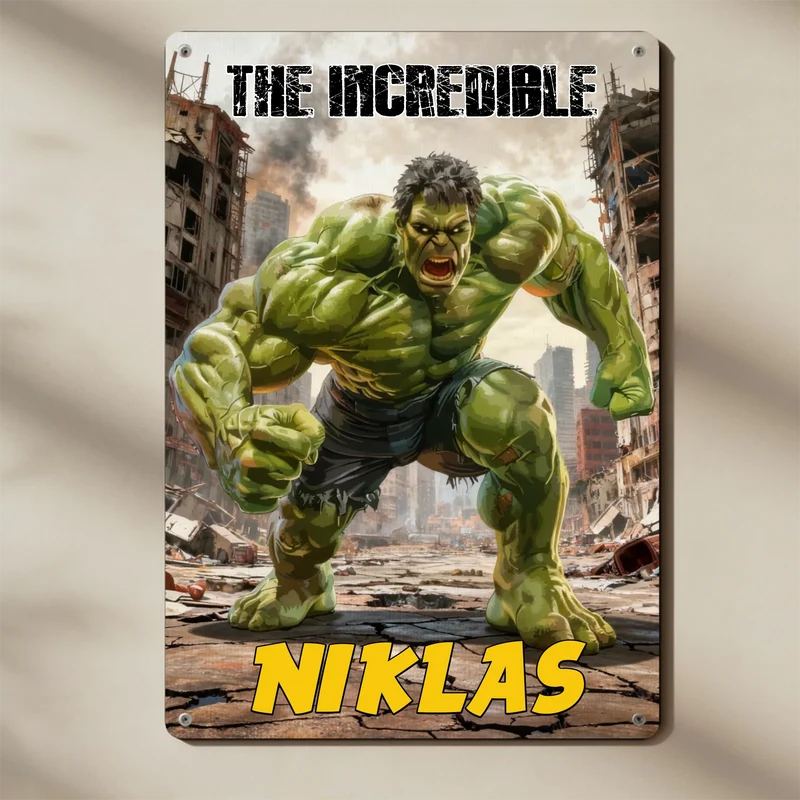 Türschild Hulk Kinderzimmer personalisiert mit Name | Blechschild Marvel Superheld | Geschenk Kinder