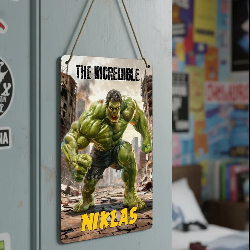 Türschild Hulk Kinderzimmer personalisiert mit Name | Blechschild Marvel Superheld | Geschenk Kinder