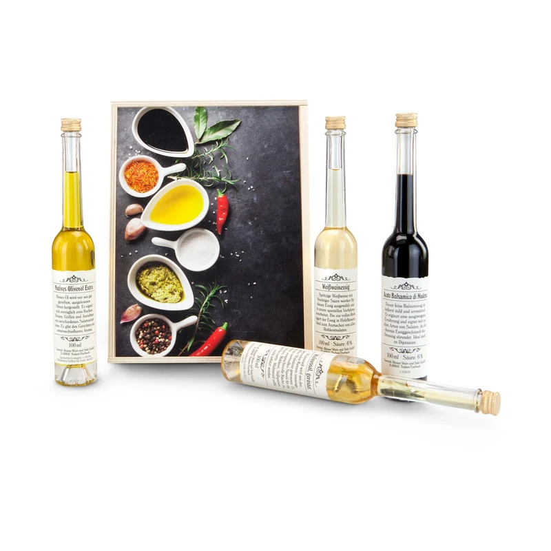 4er Küchenset – Balsamico, Weißweinessig, Oliven- & Walnussöl