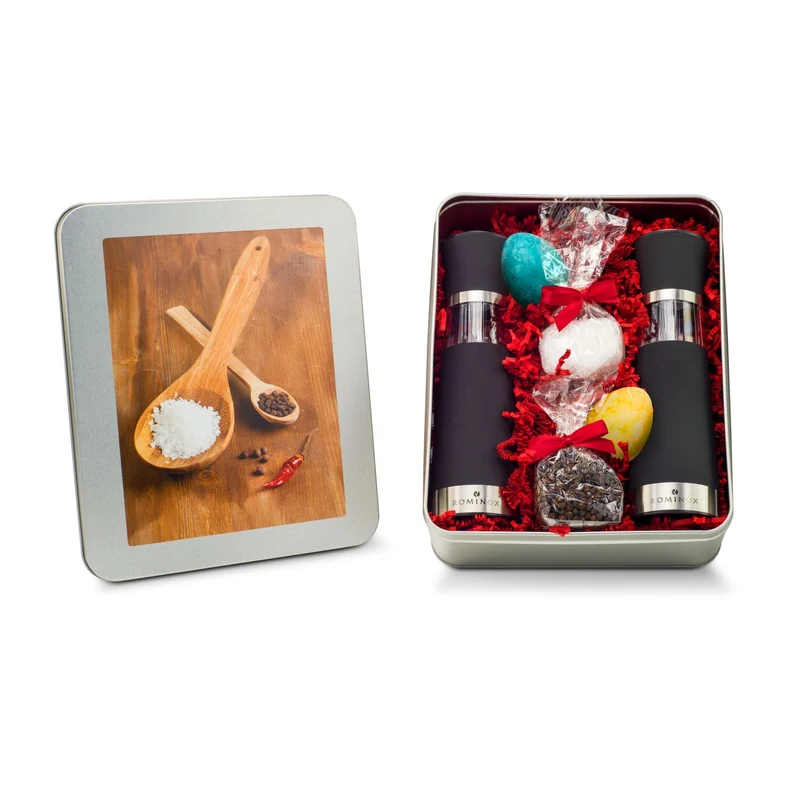 Oster-Salz- & Pfeffermühlen Set - in Silberdose – Feinkost-Geschenkset