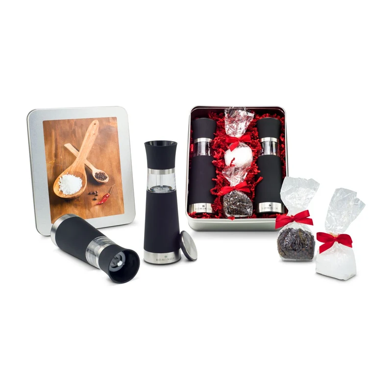 Salz- & Pfeffermühlen Set - in Silberdose – Feinkost-Geschenkset