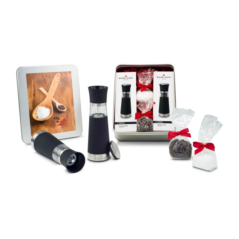Salz- & Pfeffermühlen Set - in Silberdose – Feinkost-Geschenkset
