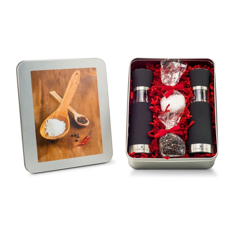 Salz- & Pfeffermühlen Set - in Silberdose – Feinkost-Geschenkset