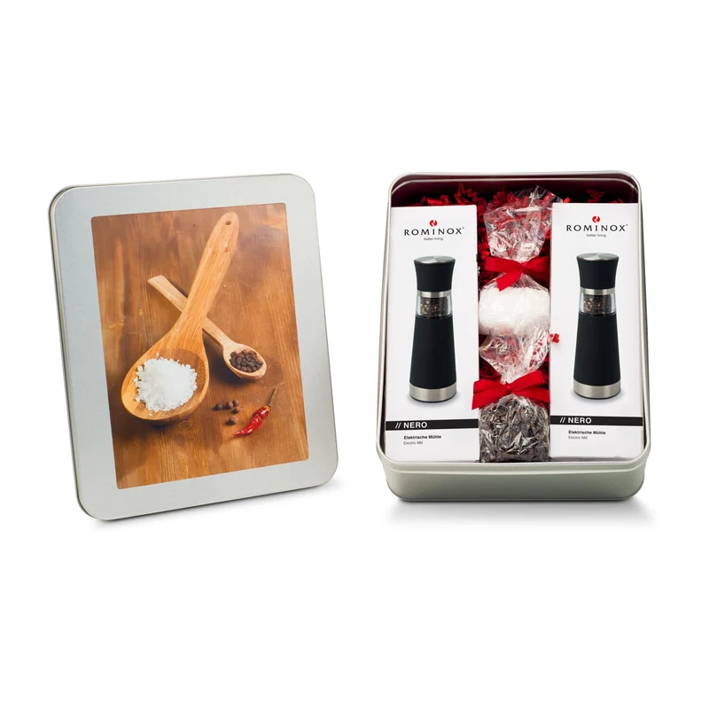 Salz- & Pfeffermühlen Set - in Silberdose – Feinkost-Geschenkset