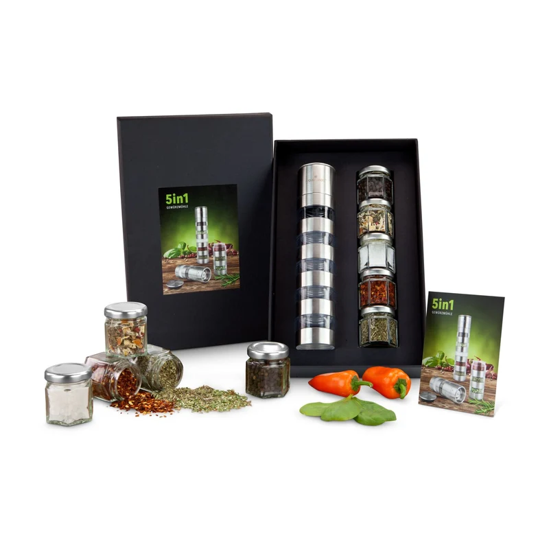 5-in-1 Gewürzmühle – Geschenkset mit 5 Gewürzen