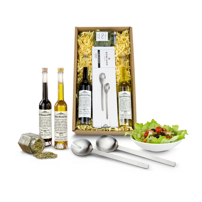 Salat-Duett – Geschenkset mit Salatbesteck, Öl & Balsamico