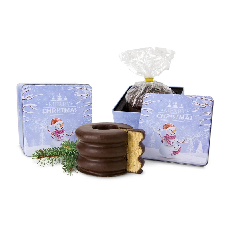 Baumkuchen – Weihnachts-Geschenkdose mit dunkler Schokolade