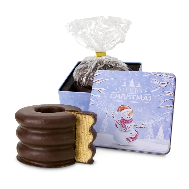 Baumkuchen – Weihnachts-Geschenkdose mit dunkler Schokolade