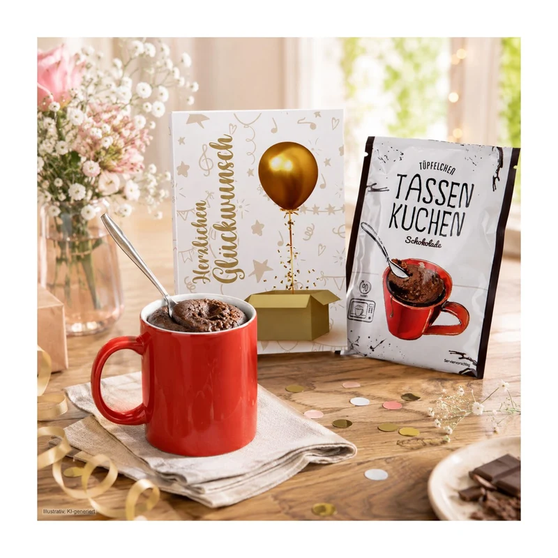 Tassenkuchen Schokolade 70 g, Herzlichen Glückwunsch – Geschenkset