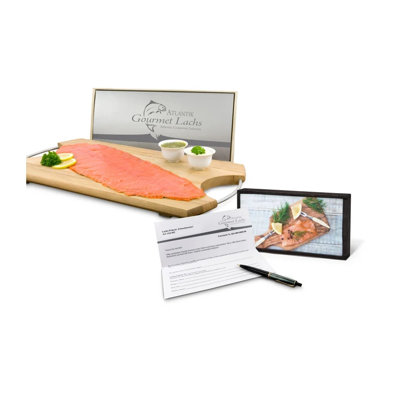 Lachs-Gutschein in Holzbox: Feinschmecker – Geschenkset