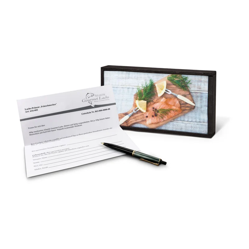 Lachs-Gutschein in Holzbox: Feinschmecker – Geschenkset