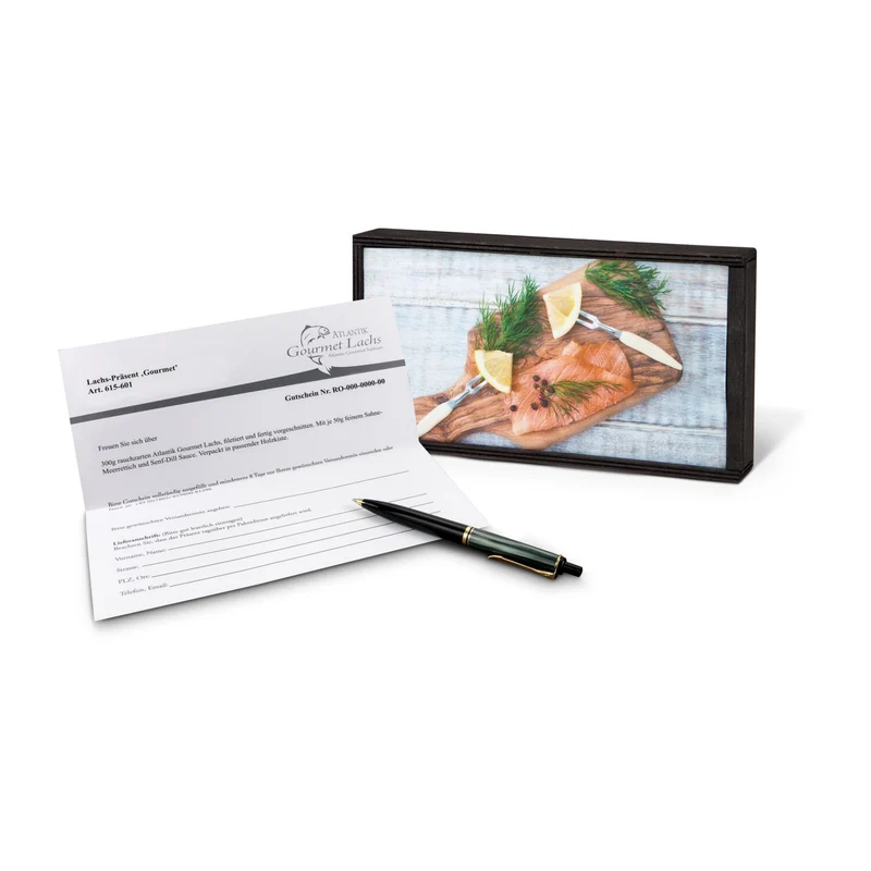 Lachs-Gutschein in Holzbox: Gourmet – Geschenkset