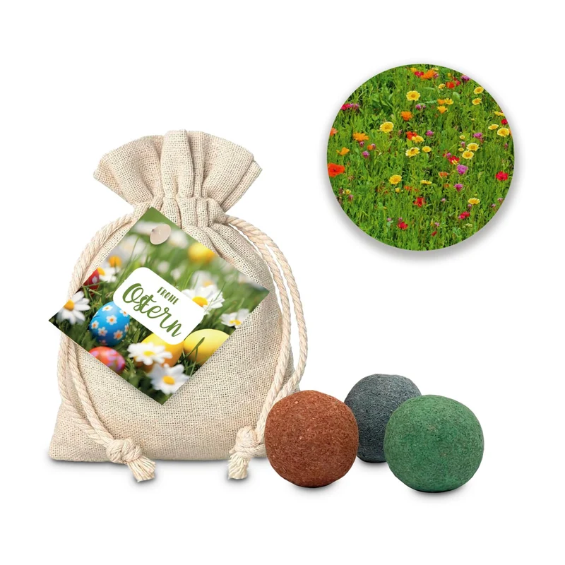 Oster-Blumenwiese, 3 Saatkugeln im Säckchen – Geschenkset