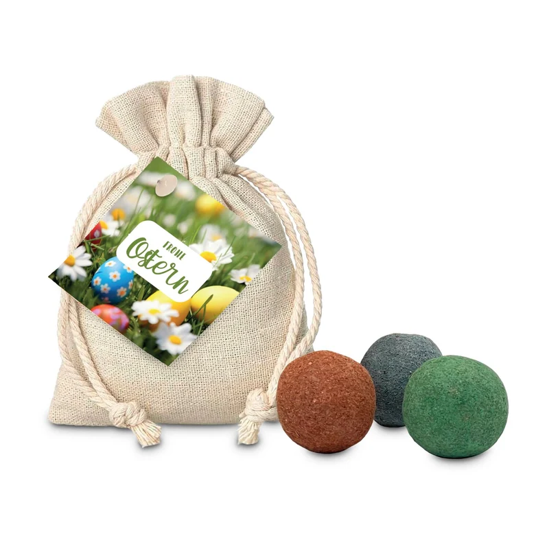 Oster-Blumenwiese, 3 Saatkugeln im Säckchen – Geschenkset