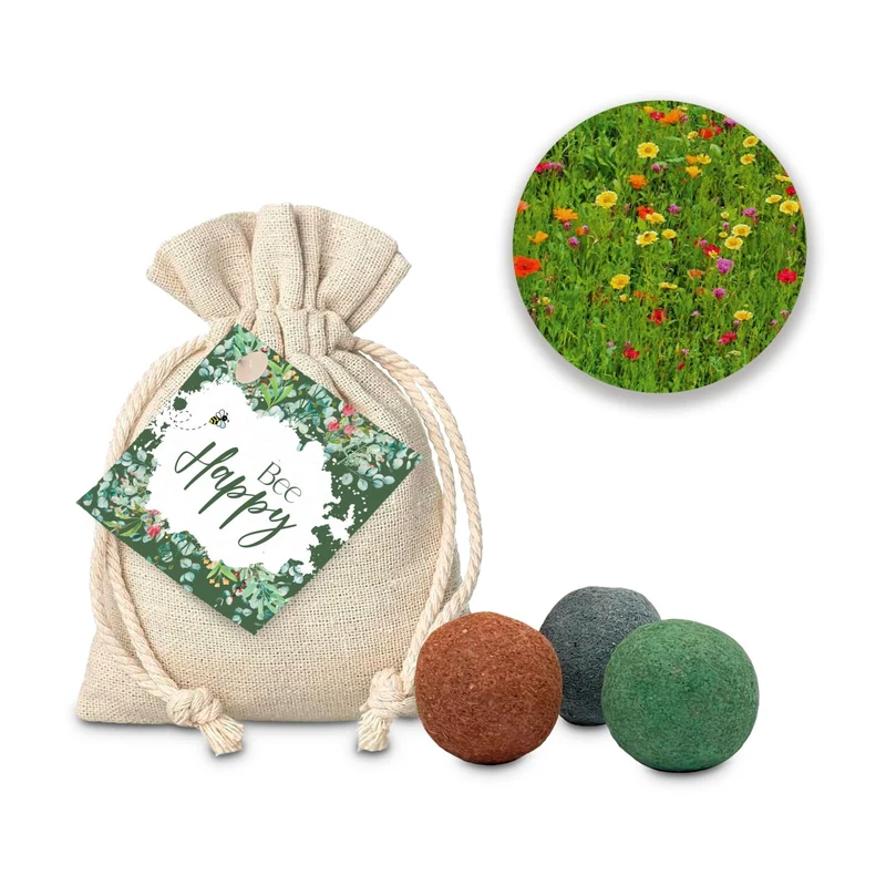 Blumenwiese Bee Happy, 3 Saatkugeln im Säckchen – Geschenkset