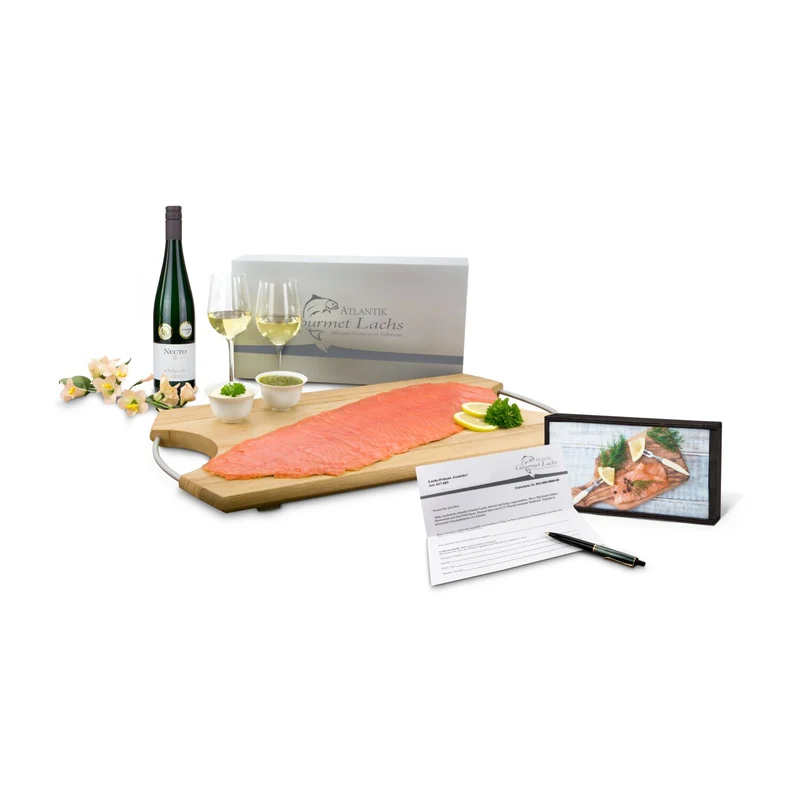 Lachs-Gutschein in Holzbox: Genießer – Geschenkset