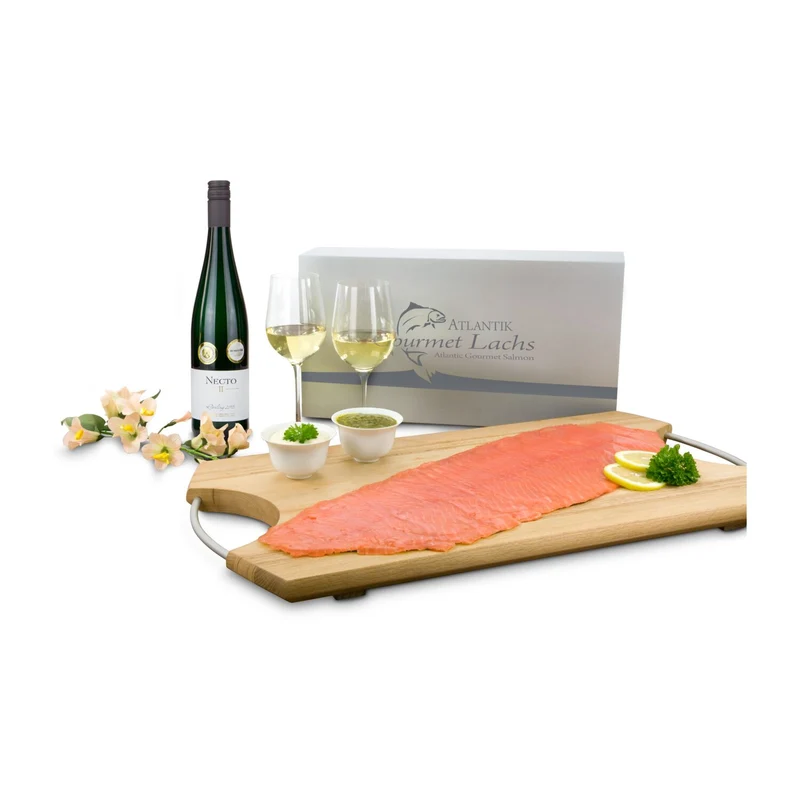 Lachs-Gutschein in Holzbox: Genießer – Geschenkset
