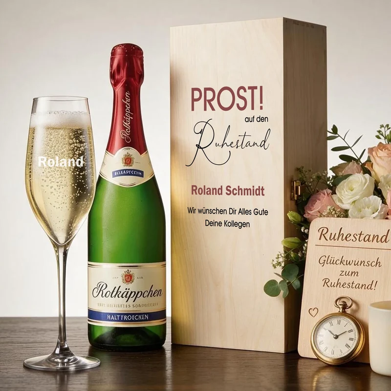 Sektgeschenk zum Ruhestand & zur Rente mit Namen in Holzbox personalisiert