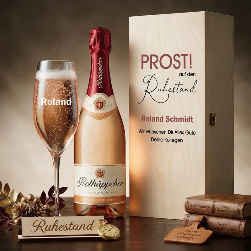 Sektgeschenk zum Ruhestand & zur Rente mit Namen in Holzbox personalisiert