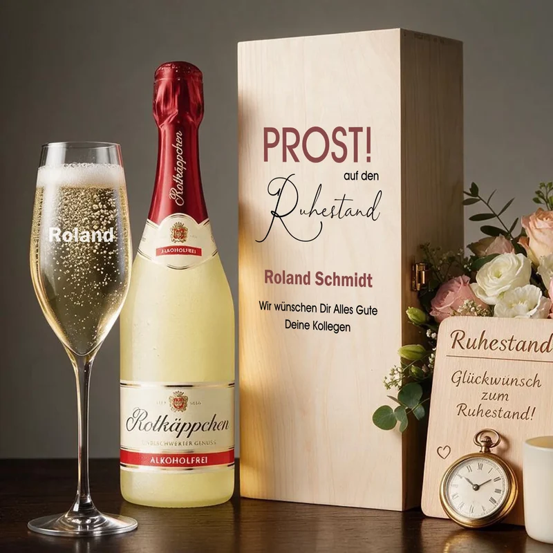 Sektgeschenk zum Ruhestand & zur Rente mit Namen in Holzbox personalisiert