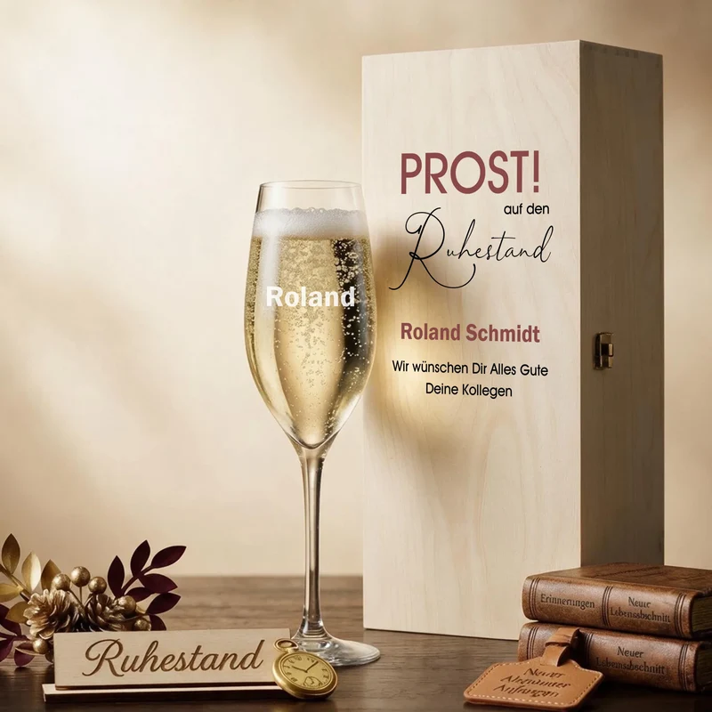 Sektgeschenk zum Ruhestand & zur Rente mit Namen in Holzbox personalisiert