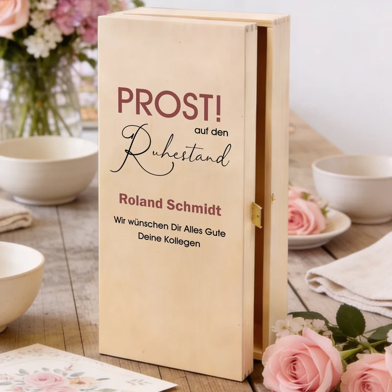 Sektgeschenk zum Ruhestand & zur Rente mit Namen in Holzbox personalisiert