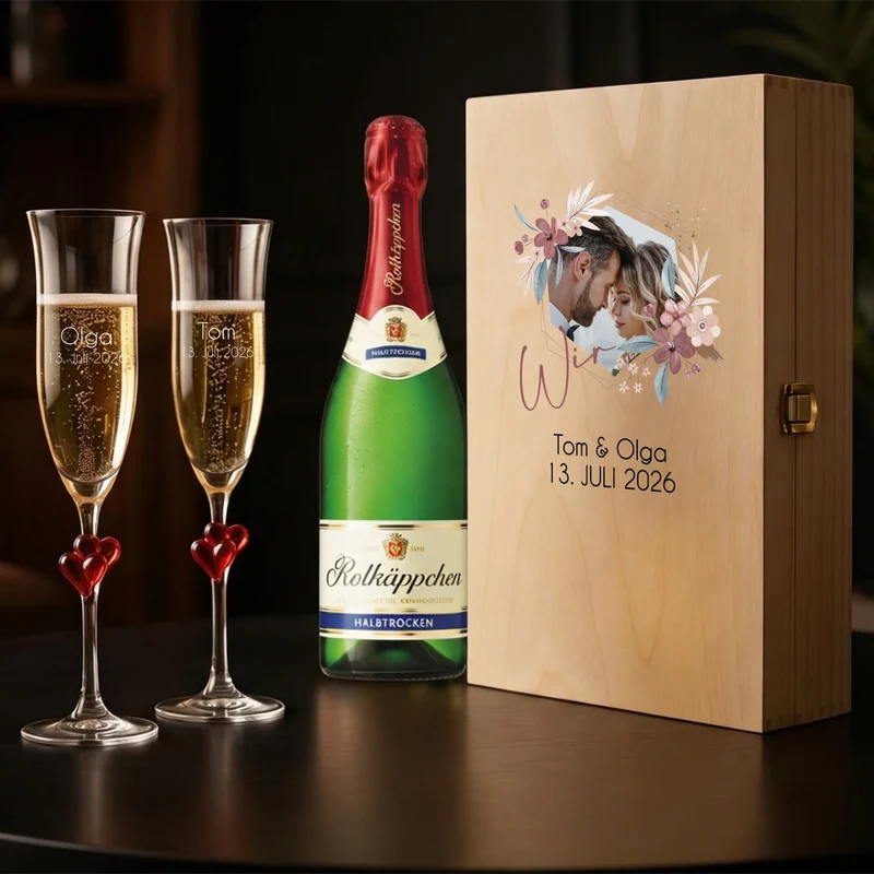 Individuelles Sektgeschenk mit Sektgläsern in bedruckter Holzbox