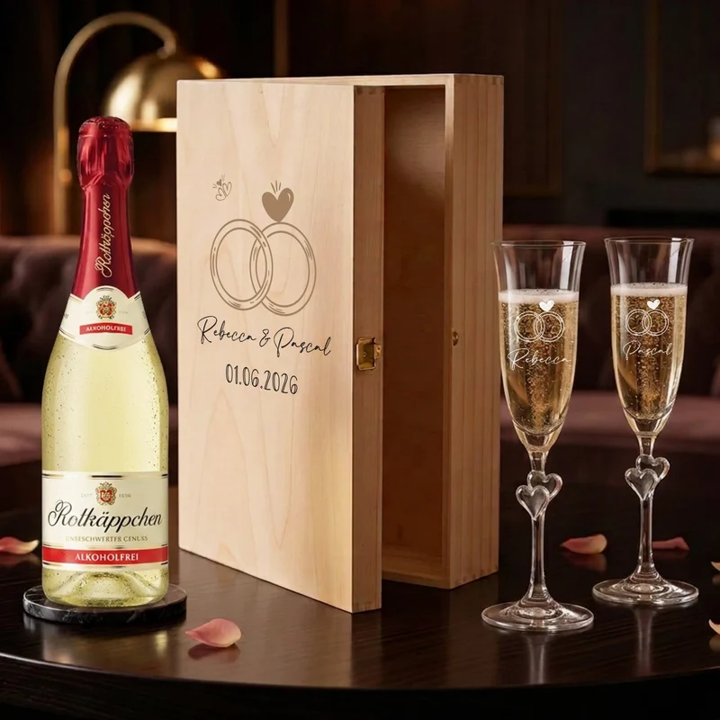 Sekt Hochzeitsgeschenk mit Sektgläsern in Holzbox personalisiert